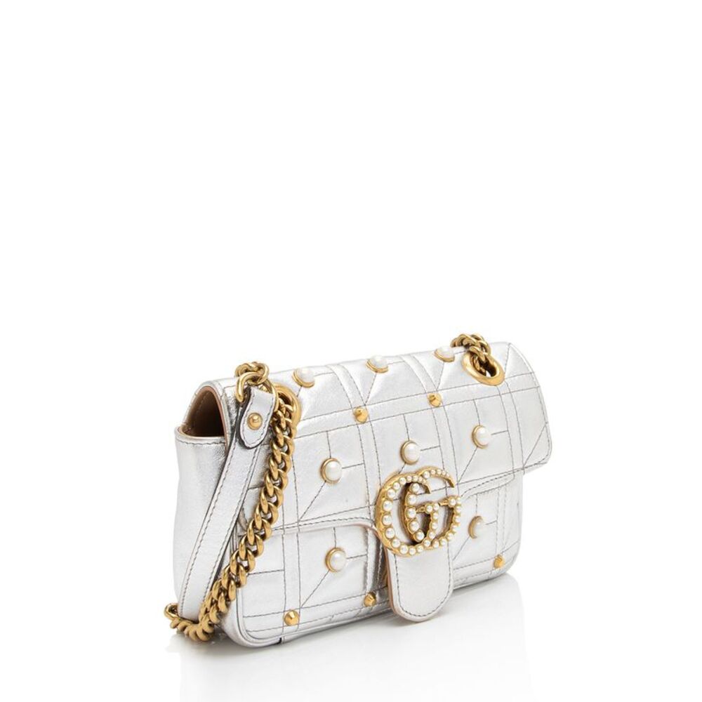 Gucci Metallic Matelasse Leather Pearl GG Marmont Mini Flap Bag - Picture 2 of 15